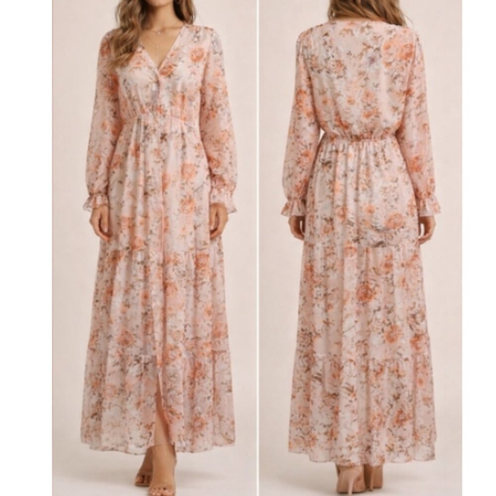 Floral Pink Long Sleeve Maxi Dress - Picture 3 of 12